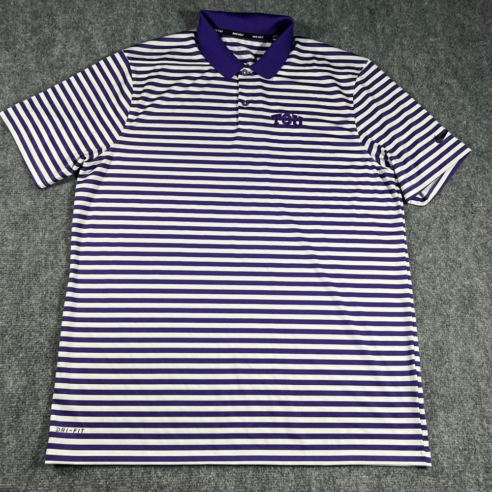 Nike Golf TCU Polo Shirt Mens Large Purple Striped Dri-Fit Short‎ Sleeve